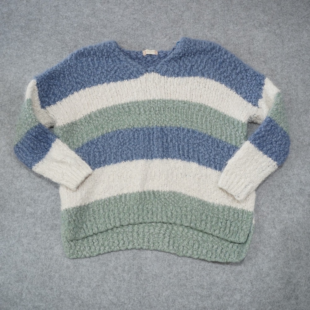 Altar'd State Medium Large Blue Striped Knit V-Neck Popcorn Colorblock Sweater